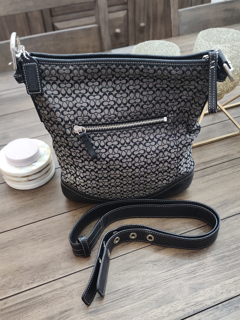 Coach Signature Canvas W Black Leather Trim Shoulder/Crossbody Bag